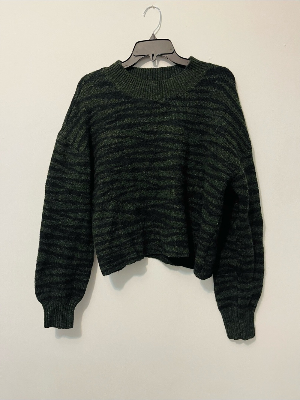 Jessica Simpson Olive and Black Zebra-Stripe Crewneck Sweater